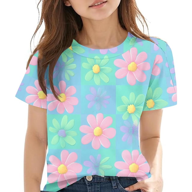 Zpanxa T-Shirts d'Été pour Filles Imprimé Manches Courtes T-Shirt Col Rond Tee avec Polyester Spandex 7 Ans