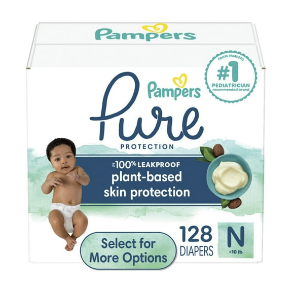 Pampers Pure Baby Diapers, Size 0 (<10 lbs ), 128, Up to 100% Leakproof, Premium Hypoallergenic Soft Diapers