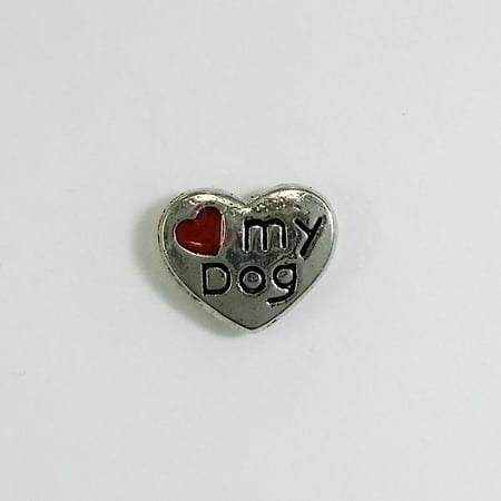 Enamel Locket Charm - 1 PC - Love Heart my Dog Red Enamel Silver Charm for Floating Locket F0067