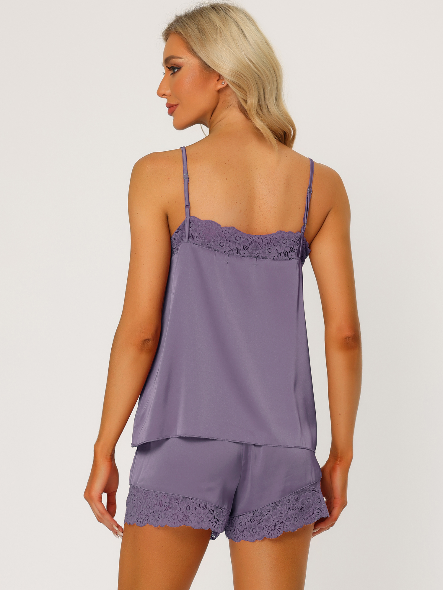 DARING DIVA Women's V Neck Satin Lace Trim Pajama Sets L Gray Purple