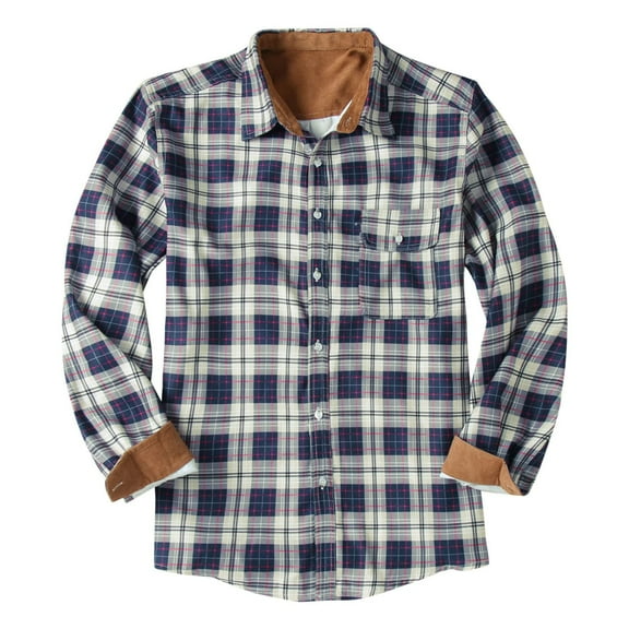 Herrnalise Men's plaid shirt casual long-sleeved button lapel jacket fashion Slim winter warm shirt Dark Blue