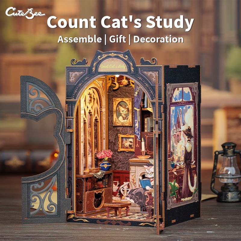 Tradeopia 3D Wooden Puzzle Count Cats Study DIY Book Nook Kit