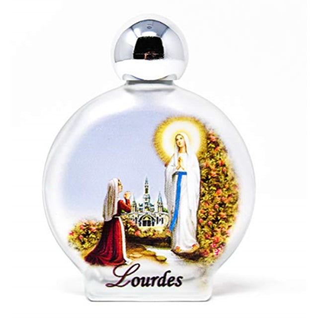 Lourdes Holy Water in round Frosted Glass Bottle with Authentic Lourdes ...