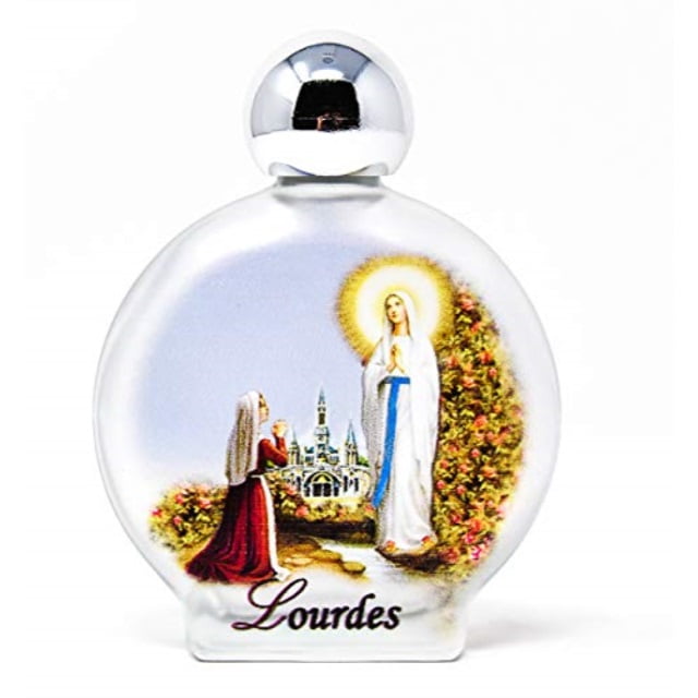 Lourdes Holy Water in round Frosted Glass Bottle with Authentic Lourdes