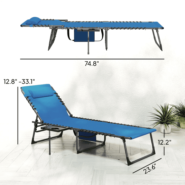 Outdoor Folding Sun Lounger 5-Position Adjustable Recliner with Padded Headrest, Side Pocket & Tray Table, 600D Oxford Fabric, Heavy-Duty Pool & Beach Chair