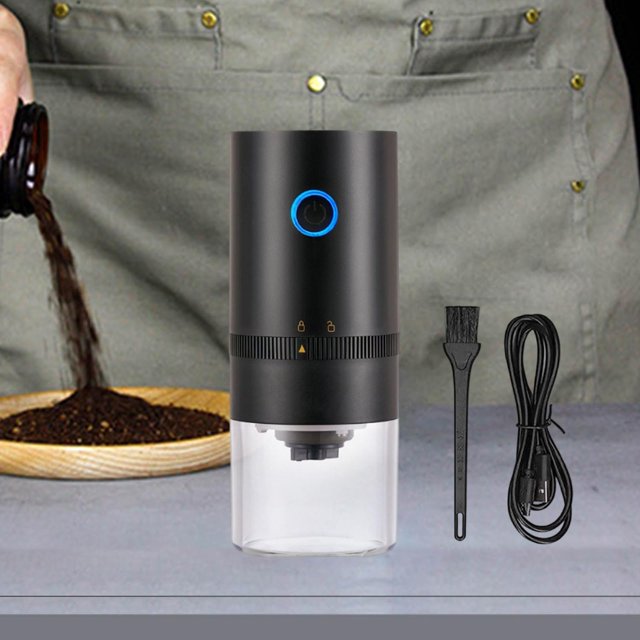 Molinillo de café eléctrico portátil con botón de encendido y apagado fácil, fresa cónica de cerámica, grano ajustable para picnic en oficina. Negro