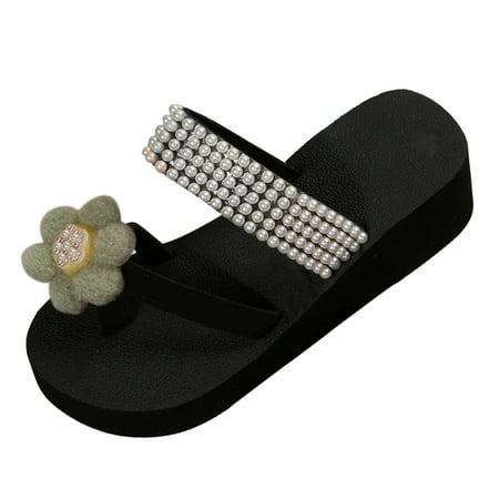 

PMUYBHF Women Sandals With Small Heels Ladies Shoes Wedge Thick Sole Pearl Flower Flip Flops Fashion Outdoor Beach Slippers