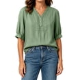 thumbnail image 5 of ITSAME Blouses for Women Button V-Neck Elbow Length Sleeve Shirts Ladies Loose Casual Tops Green Size 2XL, 5 of 6