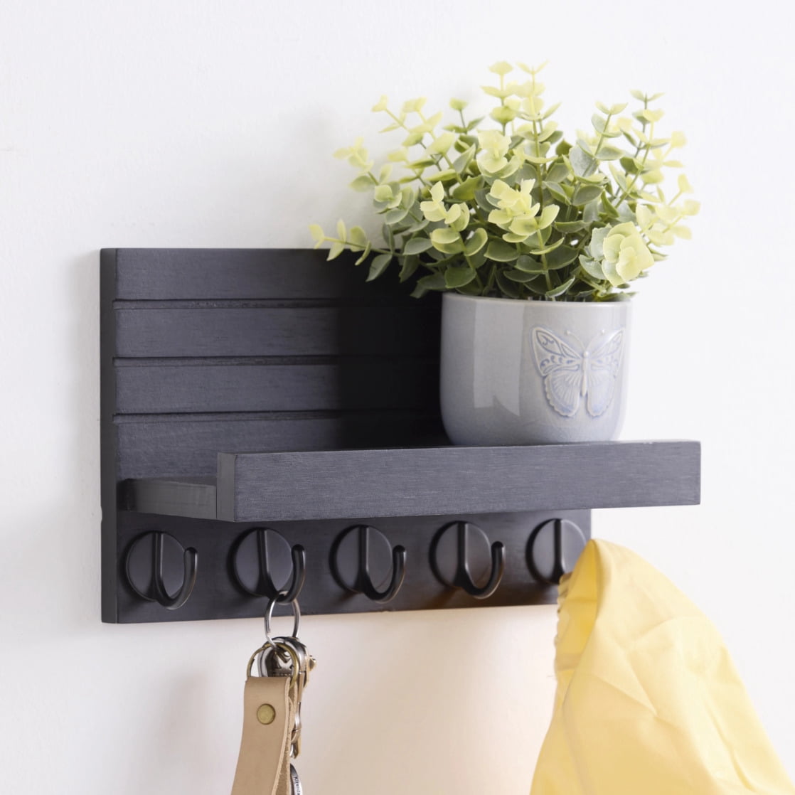 Mainstays Shelf Mail and Key Wall Mount Rack Organizer with 5 Key Hooks, Black