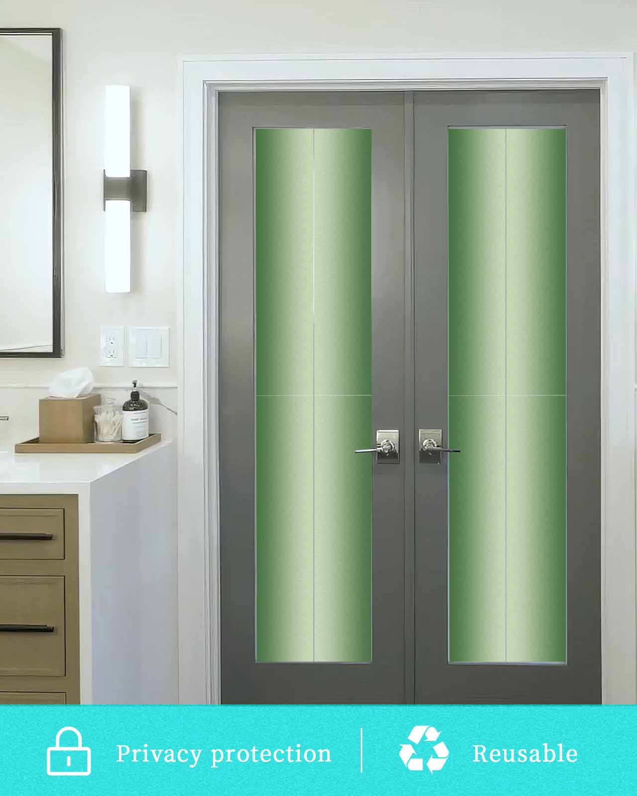 Window Privacy Film, Forest Green Ombre UV Sun Blocking Window Tint Film Heat Control One Way Blackout Window Film, Modern Abstract Gradient Color Art Non Adhesive Static Cling Sticker 29.5x118 In