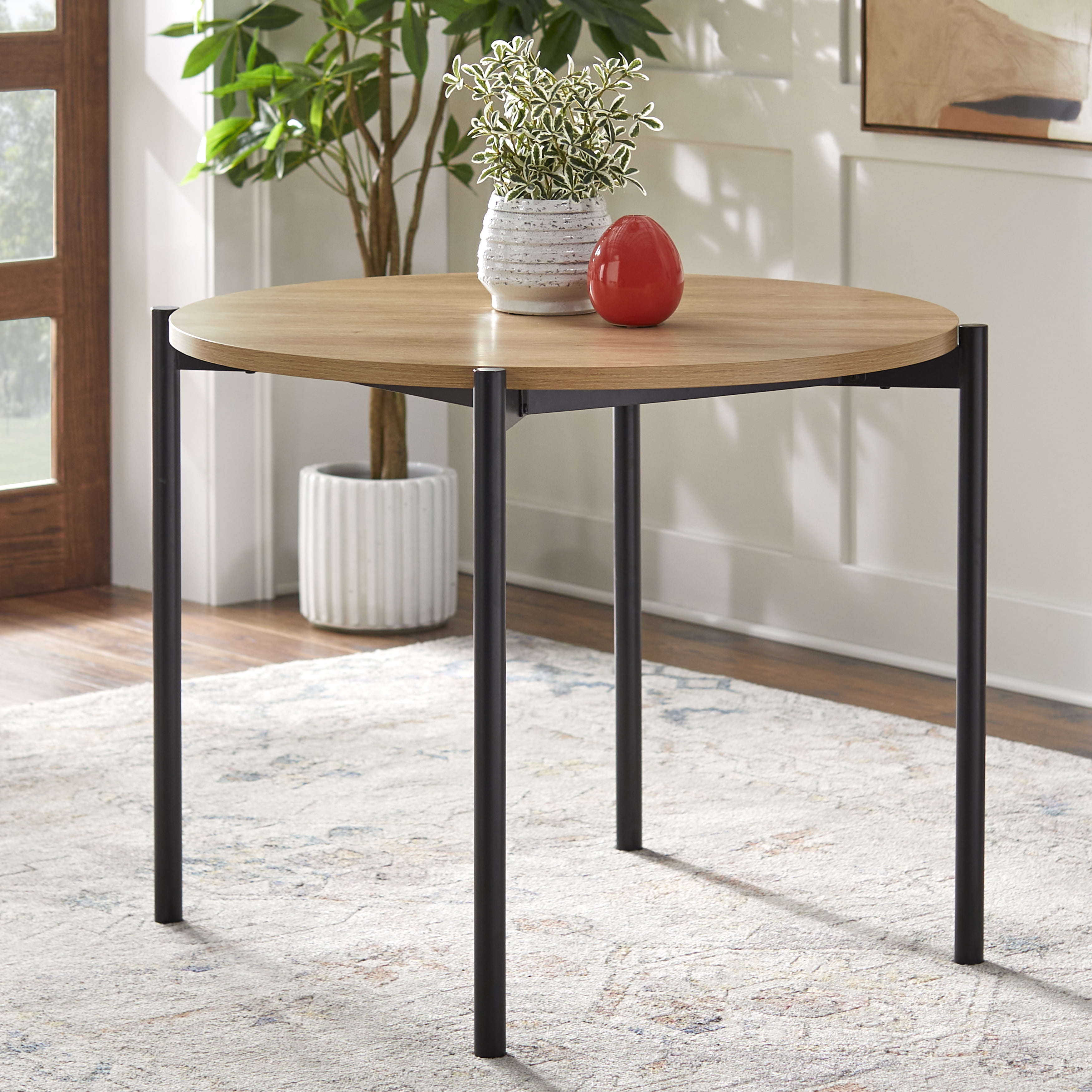 TMS Fullerton Round Metal Frame Dining Table, Light Oak