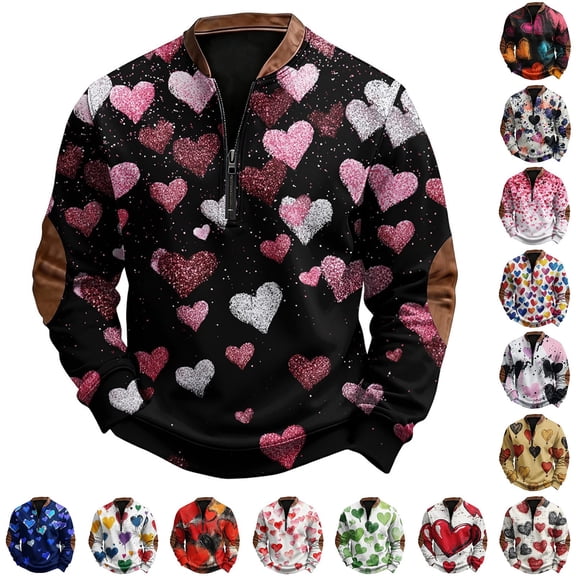 KKBOTIVE Valentine's Day Print Quarter Zip Pullover for Mens Hoodless Sweatshirt Casual Long Sleeve Crewneck Athletic Top For Fitness And Daily Wear Men's Fashion, White Size: XXXXL