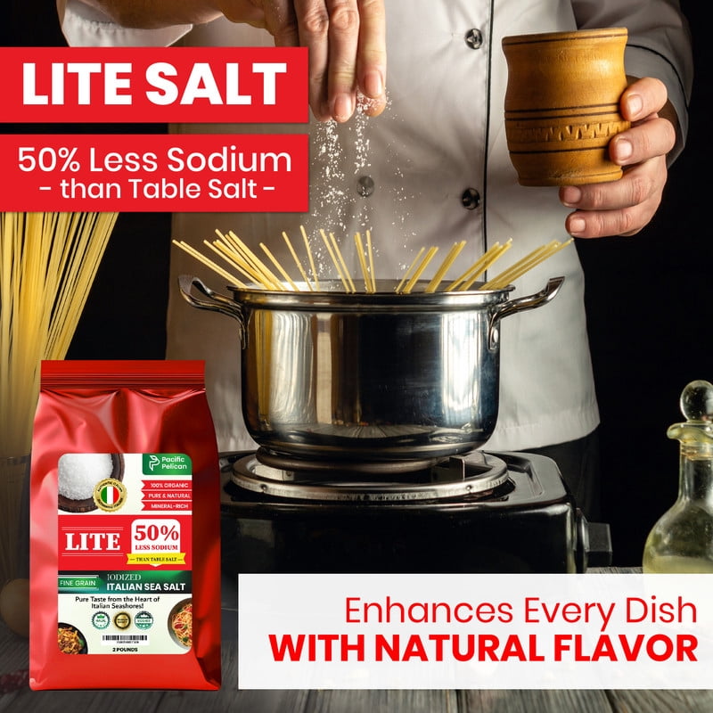 Pacific Pelican Iodized Lite Italian Sea Salt, 50% Less Sodium, Fine Grain, 2 Pounds, Natural & Organic; best for thyroid function ; wellness; paleo and gluten free