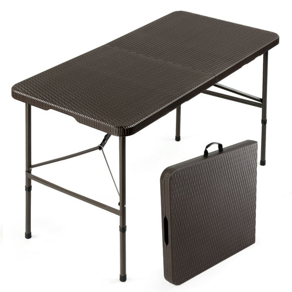 Ktaxon 4Ft Portable Folding Table, 2-Level Adjustable Height Plastic Table for Indoor Outdoor Party Wedding Garden Commercial Entertaining Events, Brown