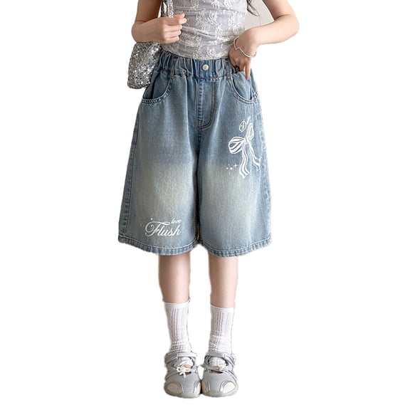 Krdevn Girls Light Blue Bow Print Denim Bermuda Shorts Elastic Waist Loose Fit Casual Summer Bottoms,15-16 Years