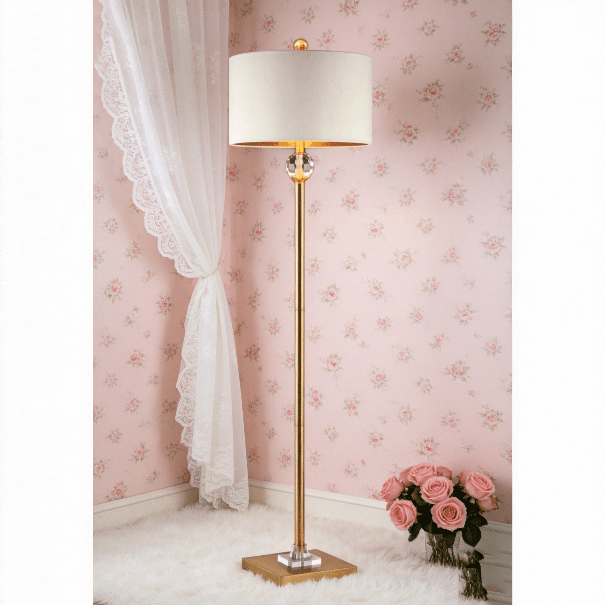 JERFIT Modern Crystal Orb Floor Lamp with Drum Shade, Gold Metal Column, LED Compatible for Living Room Bedroom