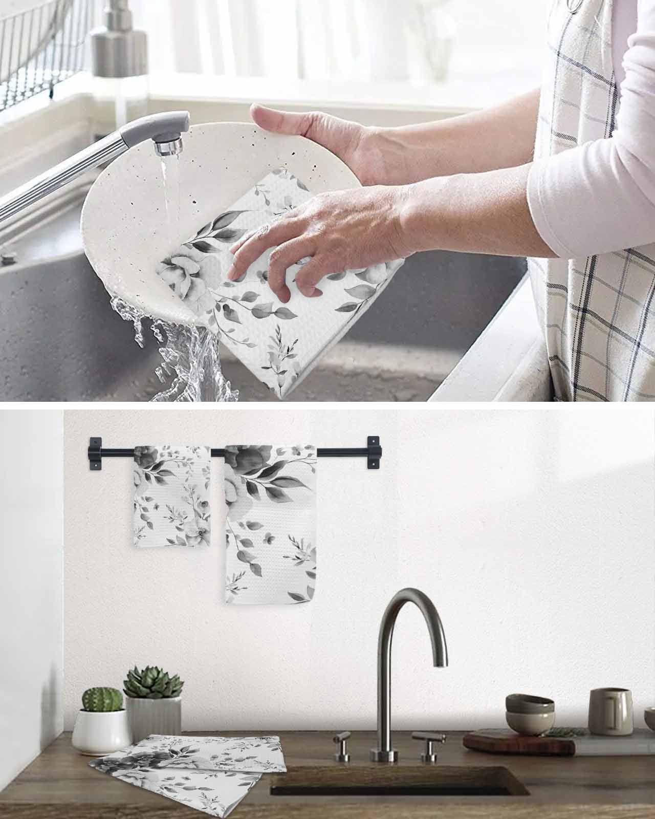 Grey Floral Art Kitchen Dish Towels for Drying Dishes Set of 4, Watercolor Botanical Spring Flowers Waffle Weave Microfiber Terry Hand Tea Bathroom Towels Quick Dry & Absorbent Towel 15.7x23.6