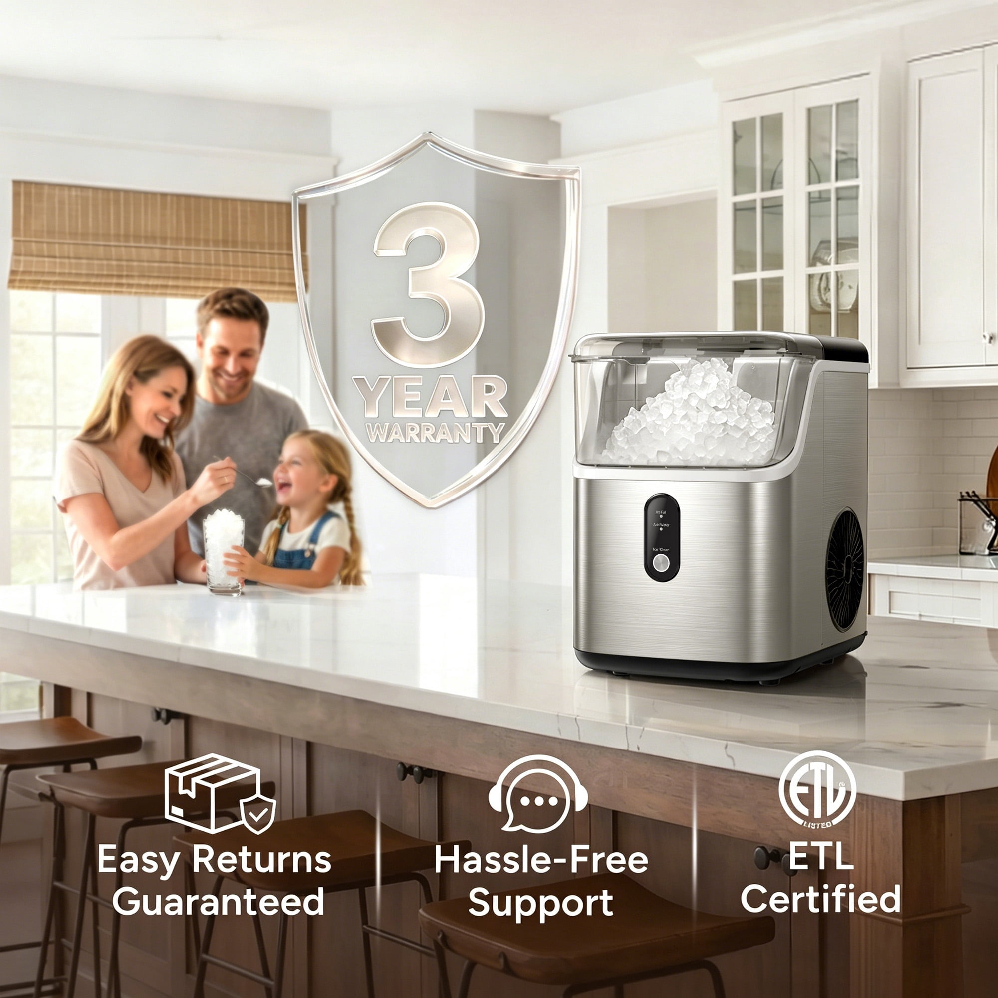 Goosiay 33lb Nugget Ice Maker Portable Countertop, Pebble Crushed Soft Chewable Ice Maker Machine, Stainless Steel
