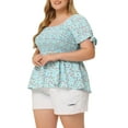 thumbnail image 4 of Plus Size Summer Tops for Women Square Neck Smocked Bow Tie Short Sleeve Peplum Blouse 1X Light Blue, 4 of 6