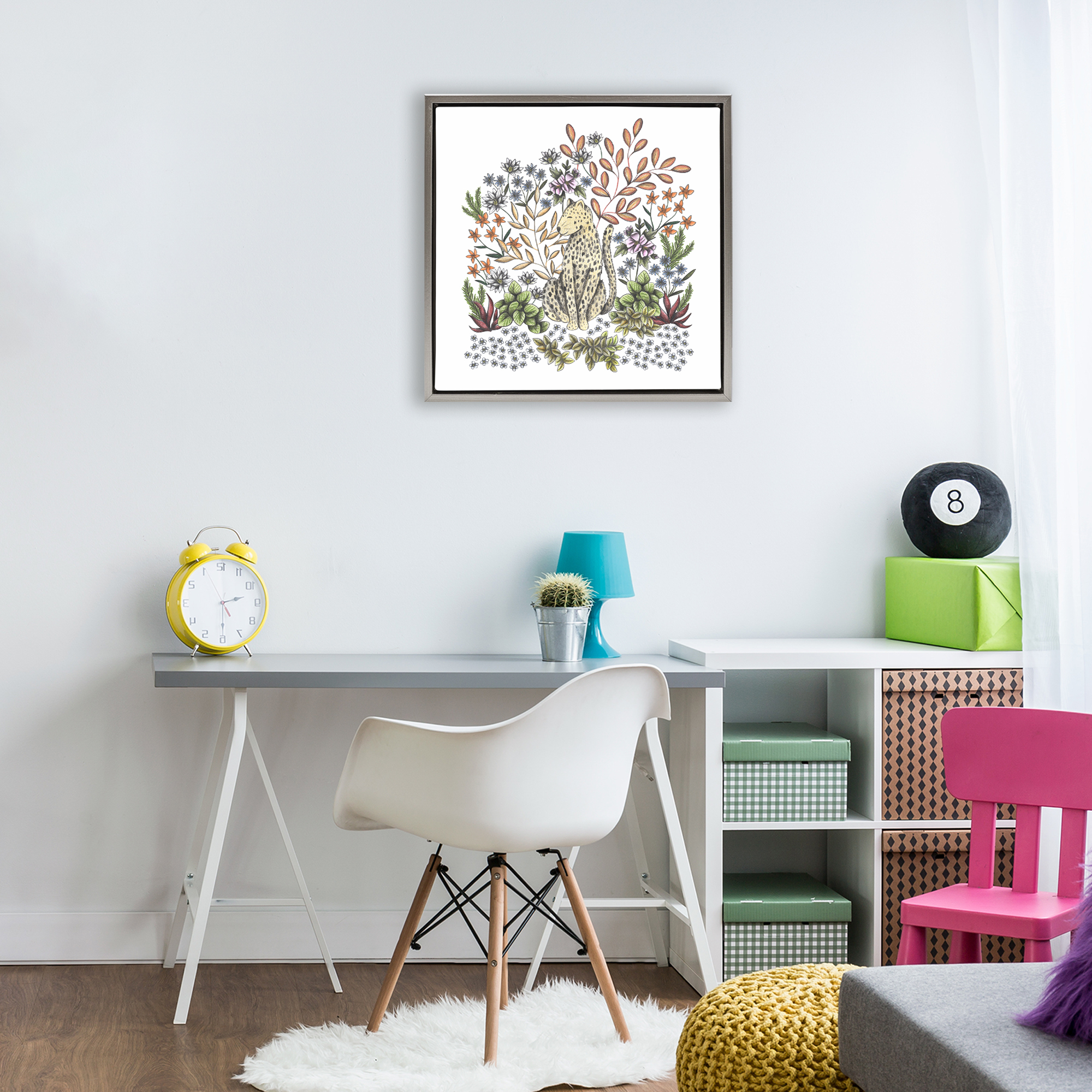 Jungle Wildlife Leopard Gray Framed Floater Canvas Wall Art, design by Cecilia Battaini