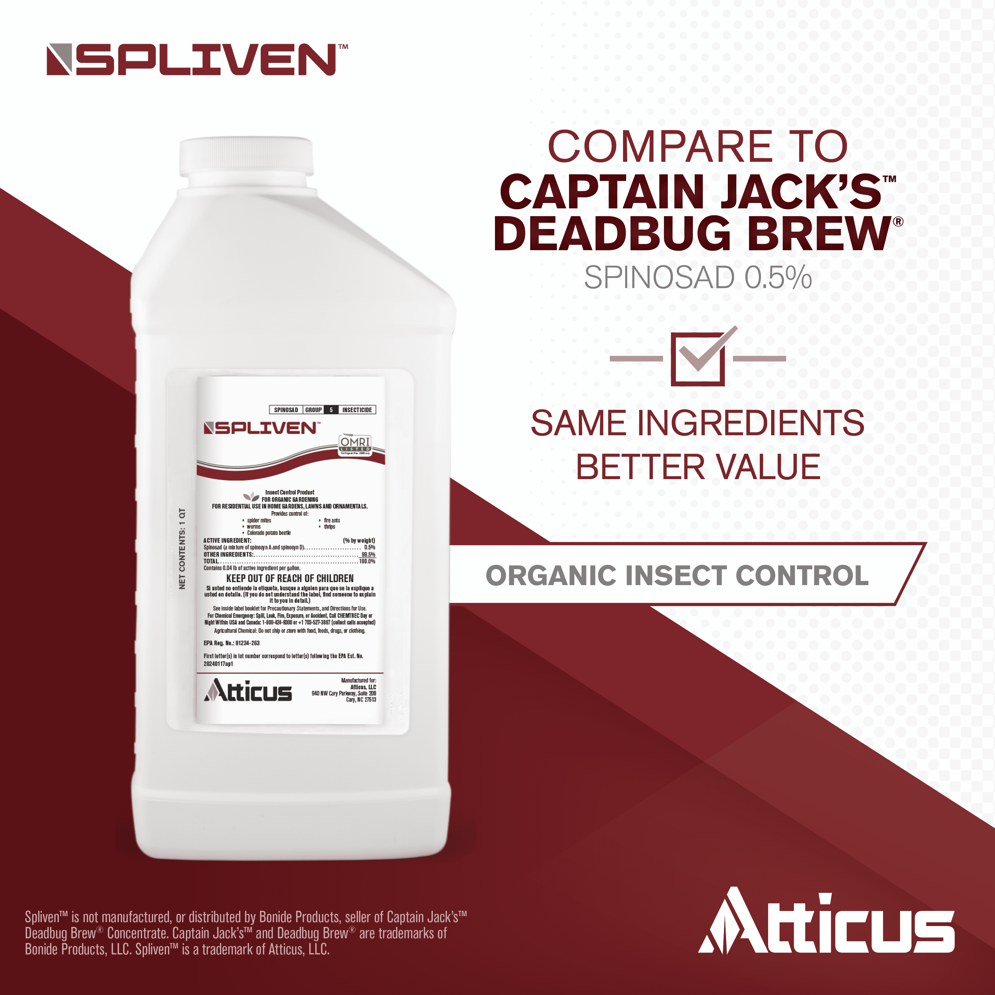 Spliven Insecticide for Organic Gardening (32 OZ) - 0.5% Spinosad Concentrate - Controls Over 40 Common Garden Pests