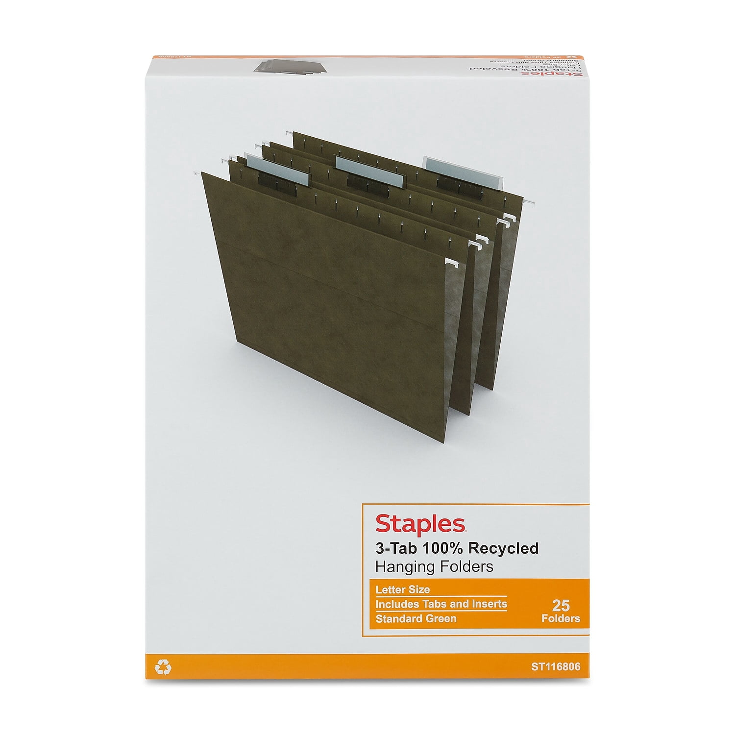 Staples Hanging File Folder 3-Tab Letter Size Standard Green 25/BX 116806