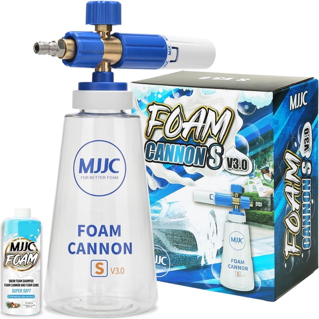 Cañón de espuma MJJC S V3.0 (Tecnología de espuma de nieve más espesa) con conector rápido de 1/4 de pulgada para hidrolavadora, botella de 34 oz (V3.0 (conector rápido de 1/4") + muestra de jabón)