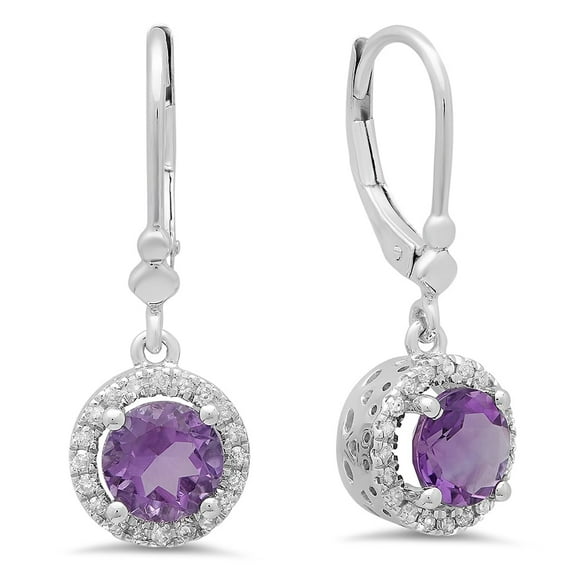 Dazzlingrock Collection 14K Boucles d'Oreilles Pendantes Rondes en Topaze Bleue & Diamant Blanc Style Halo pour Femmes, Or Blanc