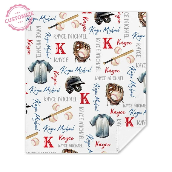 Lazaofficial Custom Baseball Blanket – Personalized Name Sports Throw with Jersey, Bat, Helmet & Glove, Boys Room Decor, Cozy Gift for Kids & Teens