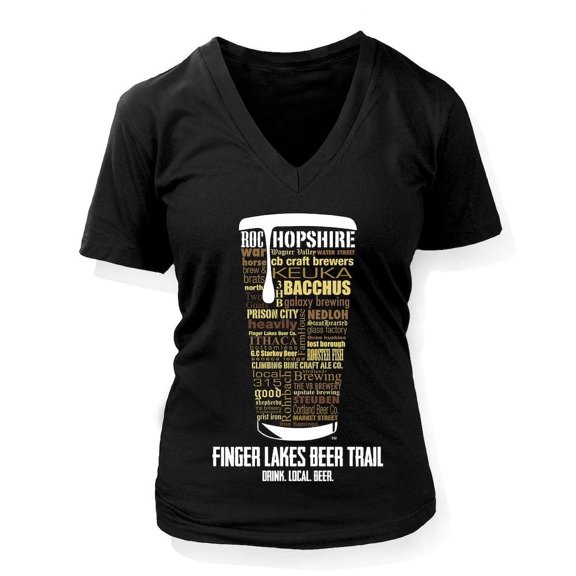 Finger Lakes Craft Beer Women's V-Neck Shirt - Black, Small | Brewery Gift, Typography Design