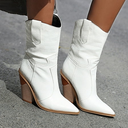 

Rourlinge Women Fashion Solid Riding Boots Casual Warm Middle Heels Boots Short Shoes White 39