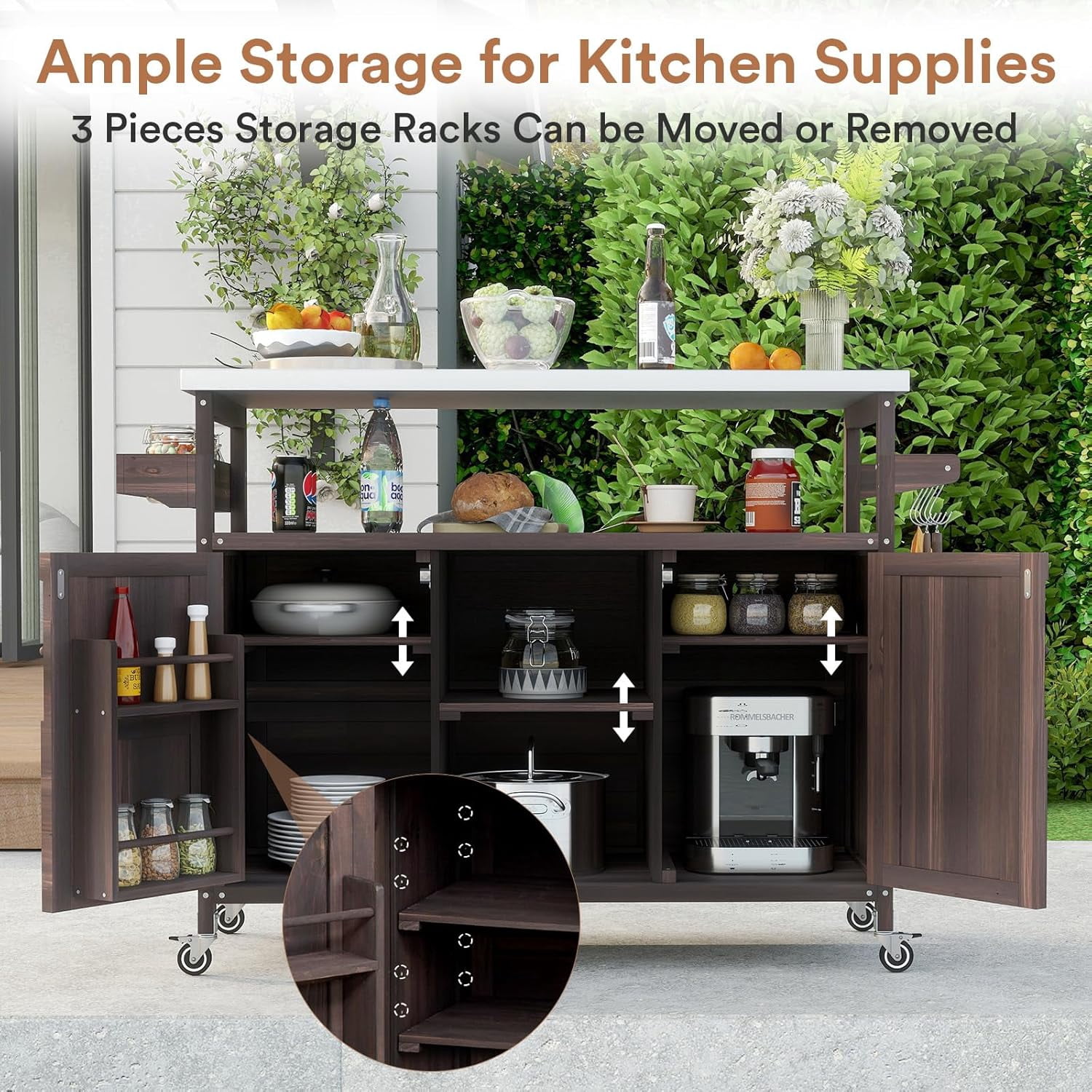 ZIVACATE Outdoor Grill Cart With Storage Solid Wood Kitchen Island on Wheel Stainless Steel Tabletop
