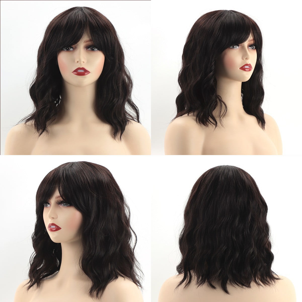 Dopi 14inch Curly Short Bob Lace Wigs Mesh for Black Women Human Hair Dark Brown Wavy Wigs with Bangs Natural for Black Women Party Daily Life Brown 14inch
