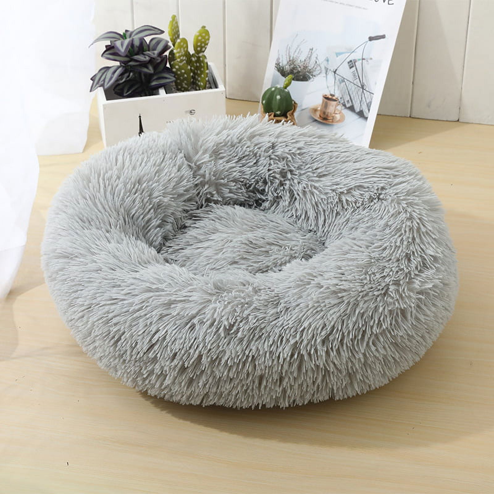 Calming Dog Bed for Medium Dogs - Donut Washable Medium Pet Bed, 30 inches Anti-Slip Round Fluffy Plush Faux Fur Cat Bed, Fits up to 45 lbs Pets