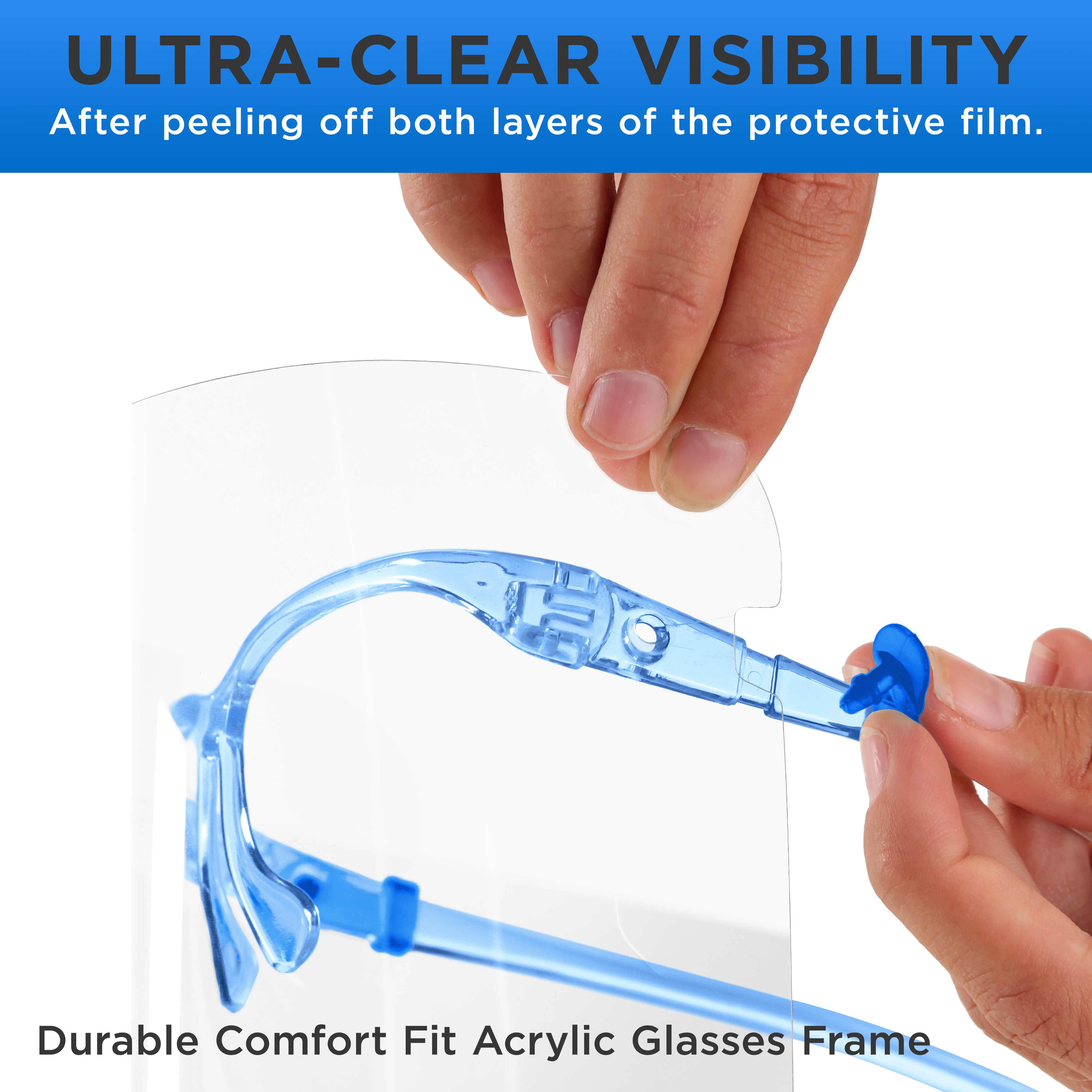 TCP Global Salon World Safety Face Shields with Blue Glasses Frames (Case of 200) - Ultra Clear Protective Full Face Shields to Protect Eyes, Nose, Mouth - Anti-Fog PET Plastic, Goggles