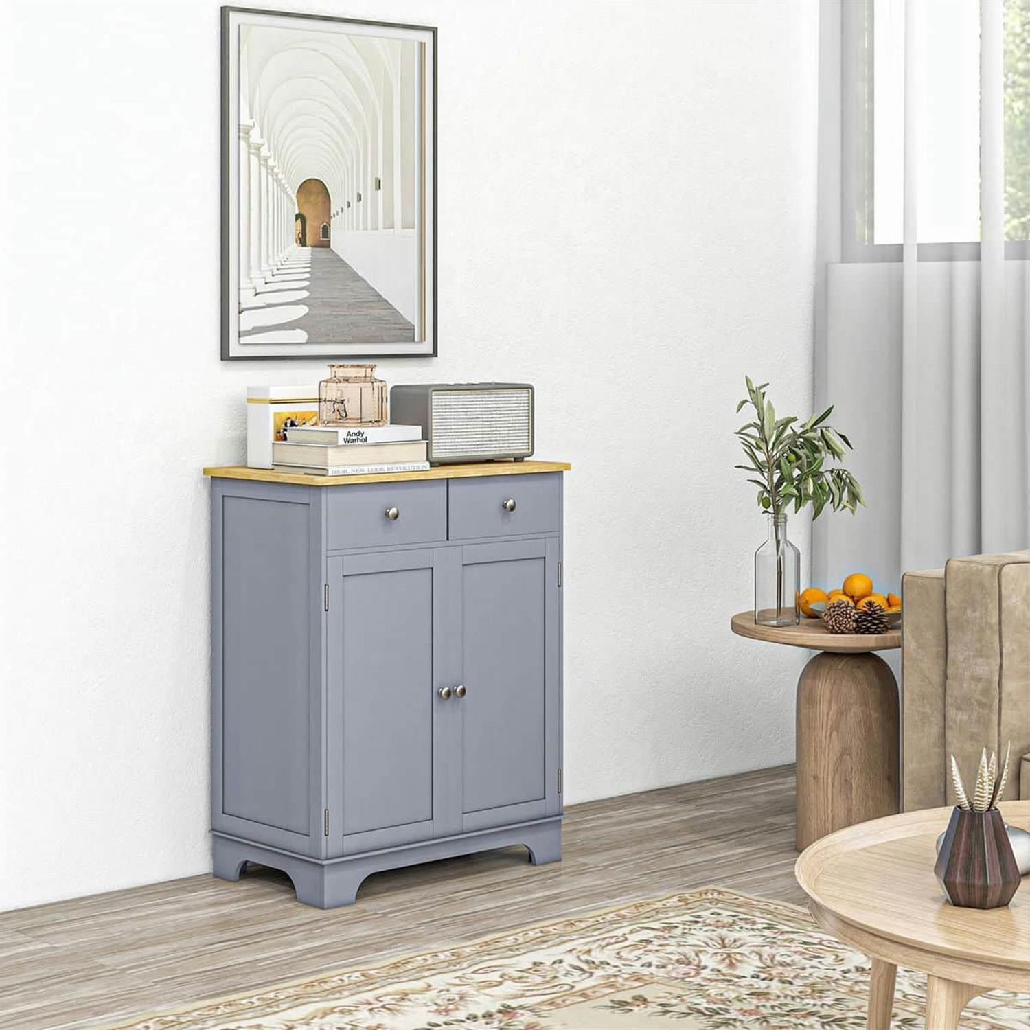 Demi Bonn 33" Kitchen Storage Cabinet Solid Wood Top Sideboard Floor Cupboard, Adjustable Shelf & 2 Drawers for Home Organization, Gray