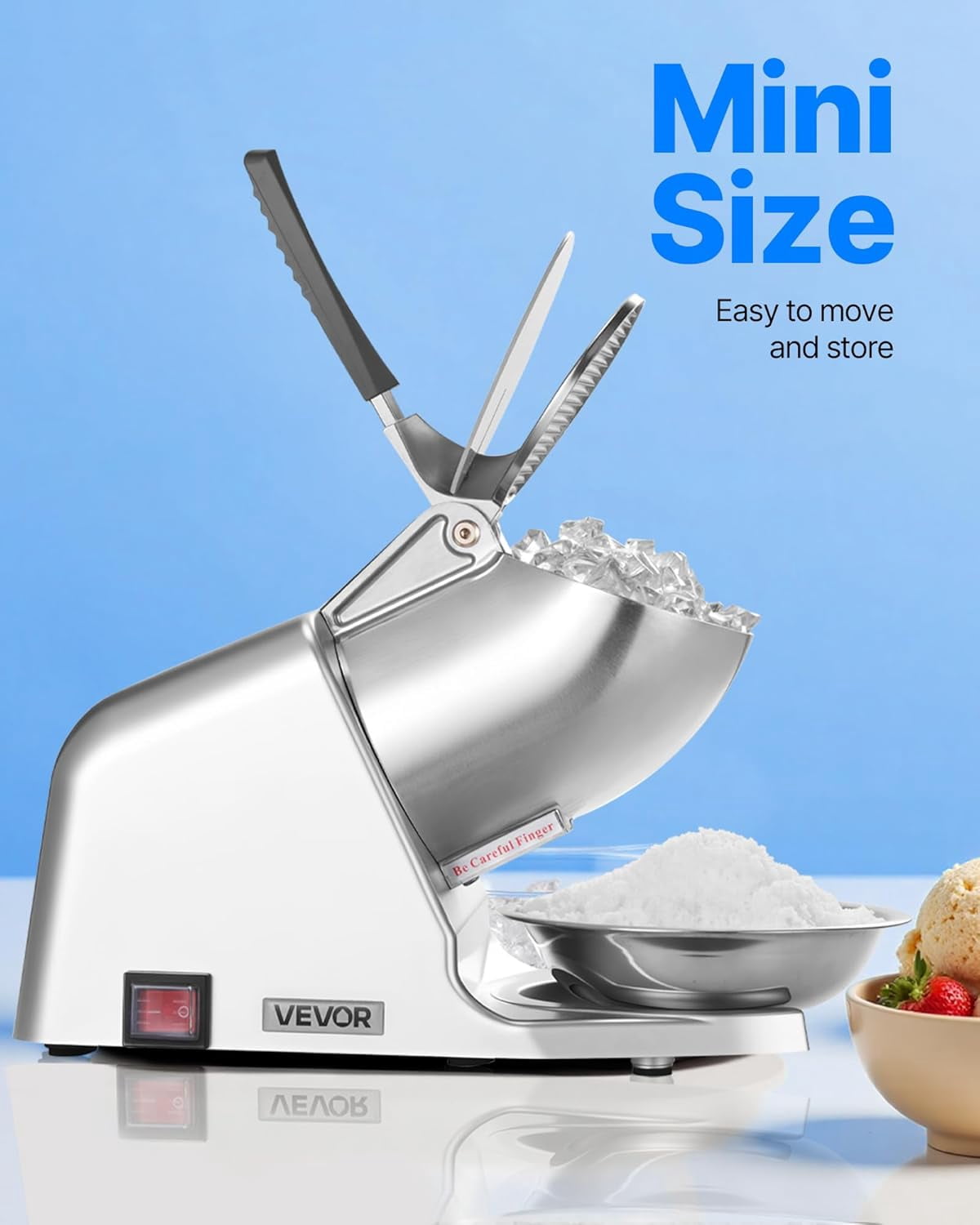 Ice Crusher , 143lbs Per Hour Electric 2 Blades Snow Cone Maker, Stainless Steel Shaved Ice  with Bowl and Cover, 300W 2000RPM Ice-Shaver for Home and Commercial Use, Silver