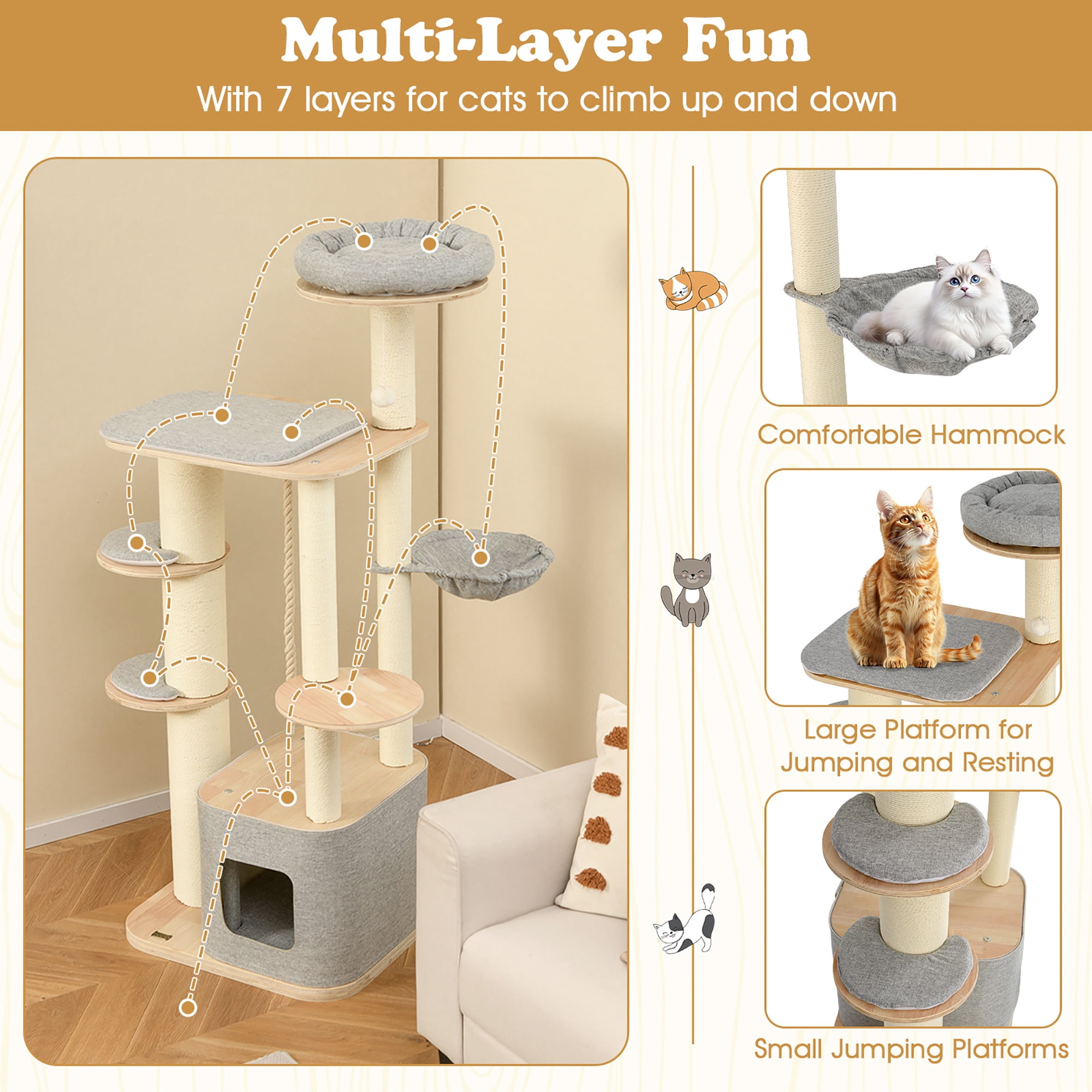 Gymax 63'' Tall Modern Cat Tree w/ Perch Condo Hammock 5.6'' Scratching Posts