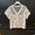 thumbnail image 2 of Lixiuxyad ‌Women's Crochet Lace Trim Cardigan Short Sleeve V-Neck Button Open-Front Knit Shrug‌,Beige, 2 of 4