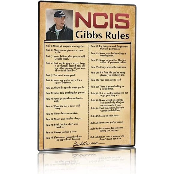 NCIS Gibbs Rules 69 Rules Leroy Jethro Gibbs Signature Vintage Retro Metal Tin Signs for Bars, Cafes, Home Walls, Decorative Art Appreciation Home Decor 8 X 12 inch