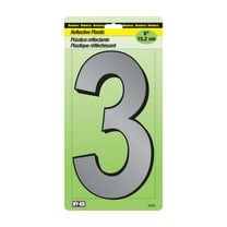 Hy-Ko 30800 Series 30803 Reflective Sign, Character: 3, 6 in H Character, Black/Silver Character, Plastic