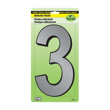 Hy-Ko 30800 Series 30803 Reflective Sign, Character: 3, 6 in H Character, Black/Silver Character, Plastic