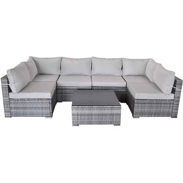 7 Piece Patio Furniture Sets All Weather Grey Pe Wicker Furniture Set Patio Sectional Conversation Sofa Set With Coffee Table Removable Grey Cushions Walmart Com Walmart Com