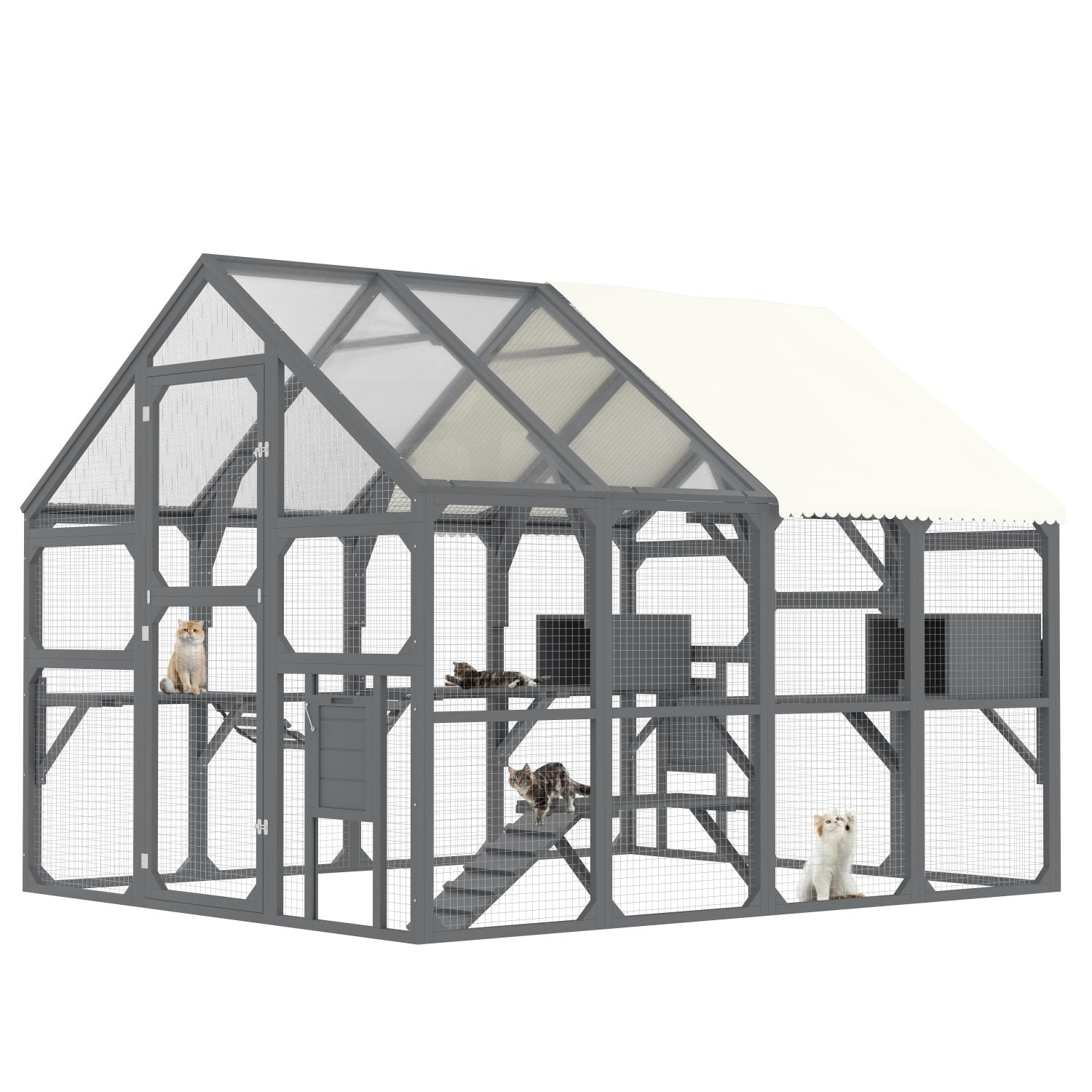 Large Catio Outdoor Cat Enclosure for Multiple Cats, Wooden Cat House with 7 Platforms, 2 Resting Boxes, 1 Bridge and 1 Ramp, Walk in Kitty Cage with Sunshine Board Roof