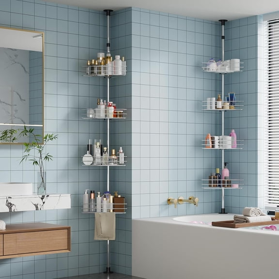 HELLONE Tension Pole Shower Caddy, Corner Shower Caddies with 4 Basket Shelves and Built-In Towel Bars, Rustproof Bathroom Shower Organizer Adjustable 75 to 110 Inch