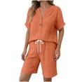 thumbnail image 2 of Costeam Womens Crinkled Gauze 2 Piece Casual Outfit Half Button V Neck Roll Sleeve Tops Elastic Drawstring High Waist Shorts with Side Pockets Breathable Summer Loungewear Matching Sets, 2 of 5