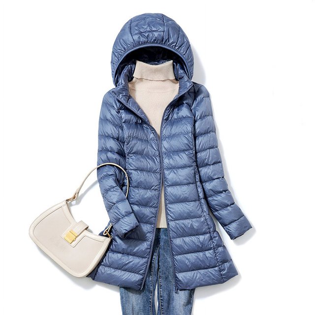 Chaqueta de plumón ligera para mujer, de largo medio, de invierno, ajustada, con gorro, talla grande, chaqueta de plumón de pato blanca