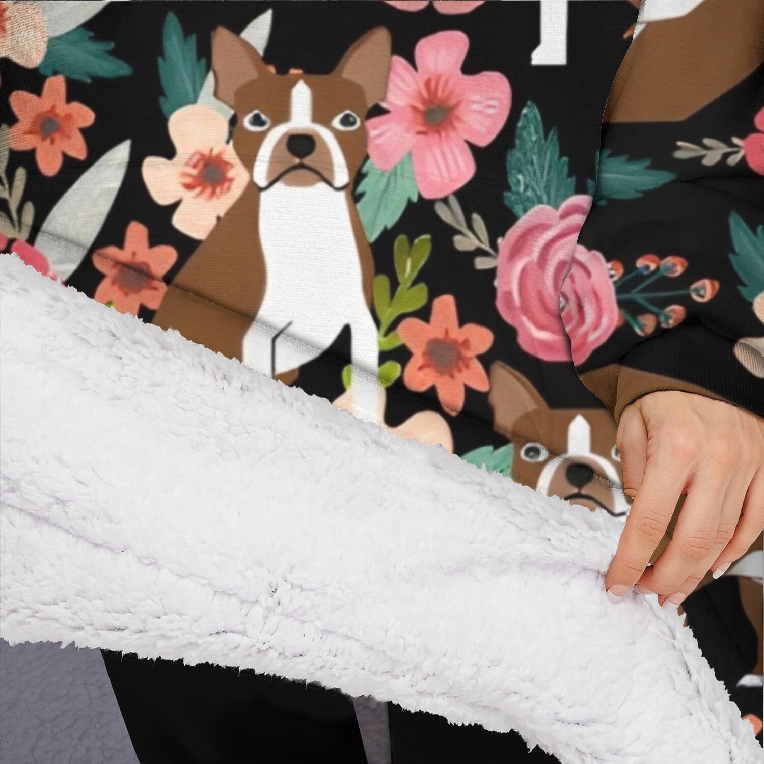 Oversized Wearable Blanket Hoodie,Boston Terrier Dog with Pioneer Flower Sherpa Blanket Hoodie with Super Pockets,Super Warm Fuzzy Pullover for Women & Men
