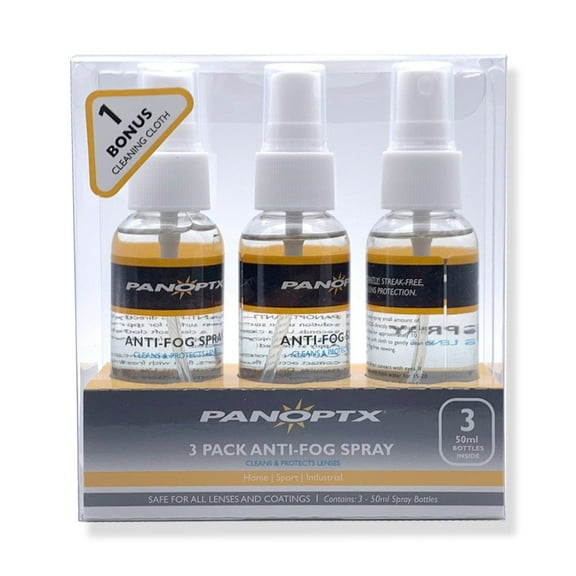 PanOptx Anti Fog Spray 3 Bottles | Bonus Cleaning Cloth Cleans Lenses and Glasses