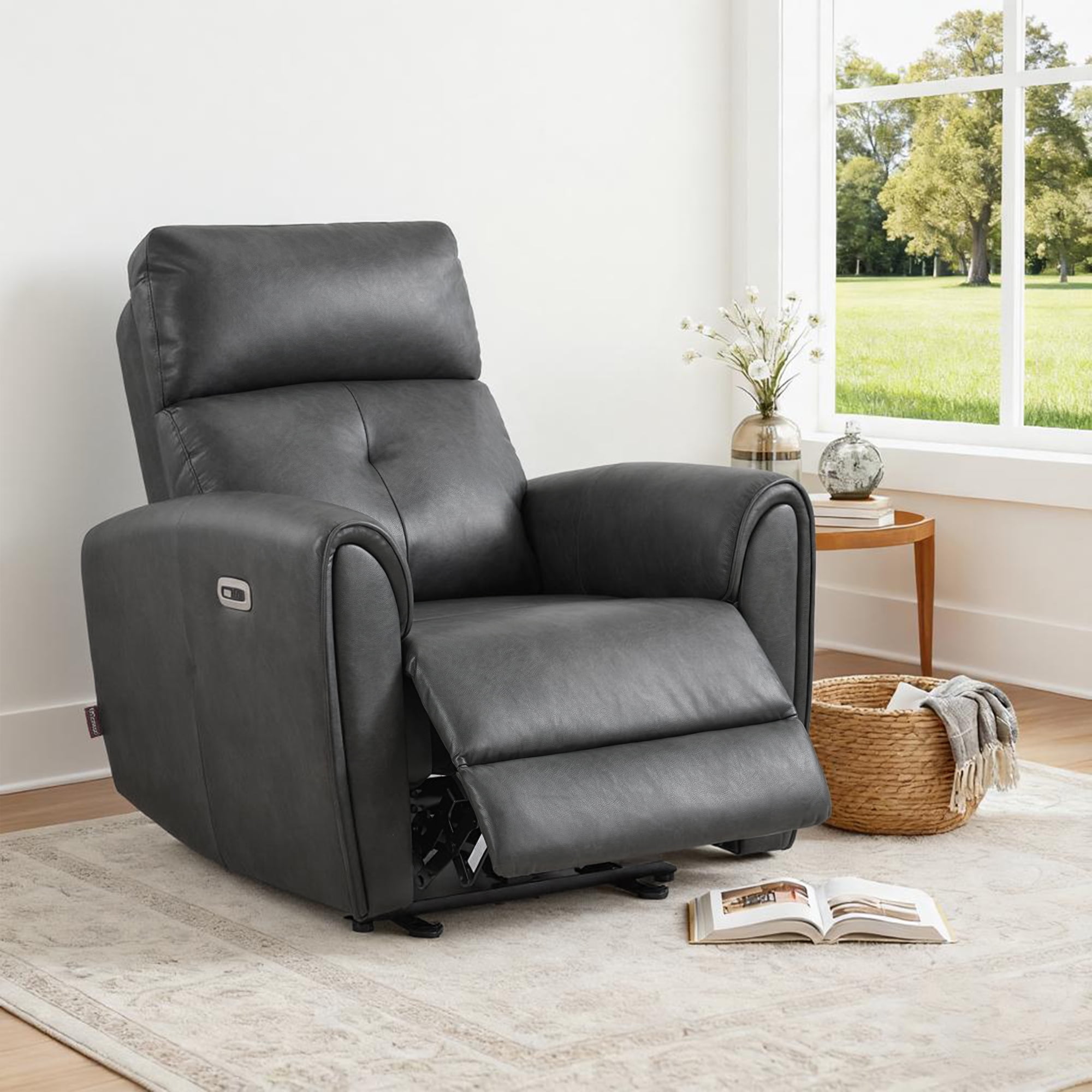 MCombo Zero Wall Hugger Power Recliner Chair for Small Spaces, FSC Certified, Faux Leather, Dark Grey